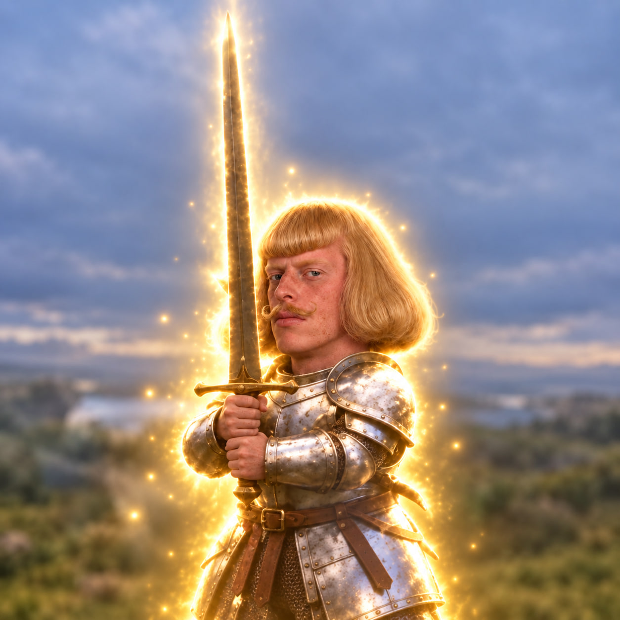 Phil, a blond knight with curled moustache, holding a glowing golden sword